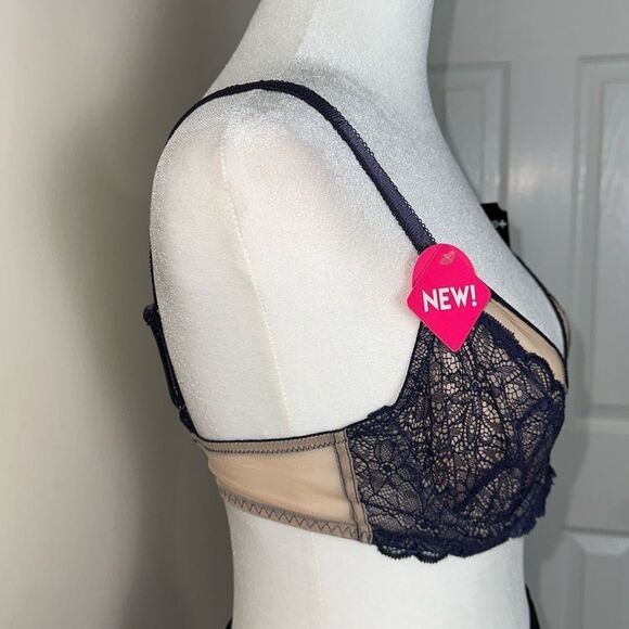 LILY OF FRANCE 36C Midnight Beige Unlined Lace Mesh Underwire Bra - Picture 7 of 11